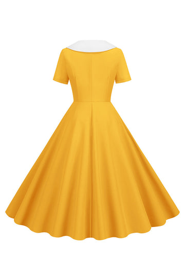 Amarelo 1950s Vestido Com Mangas Curtas